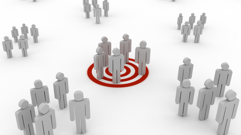 A group of 3D human-like icons with one group standing inside a red target, symbolizing the focus on ideal prospects. The image illustrates the importance of equipping a sales team with data that highlights the most promising leads.