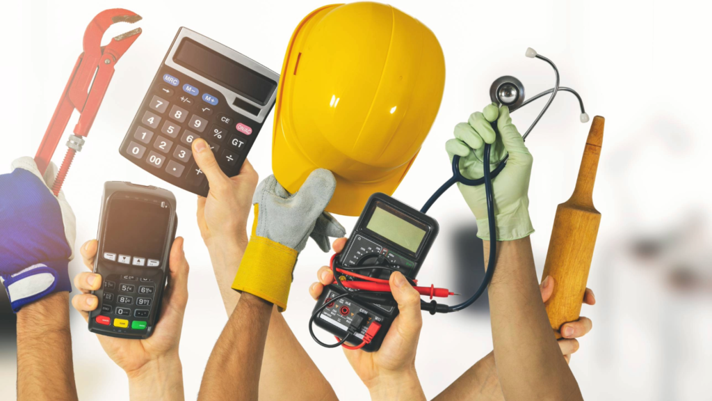 Multiple hands holding various tools and devices such as a wrench, calculator, smartphone, helmet, and multimeter, representing the balance of essential skills and tools in sales. The image highlights how overwhelming product detail overload can distract sales reps, emphasizing the need to focus on prospecting skills while gradually incorporating product knowledge over time.