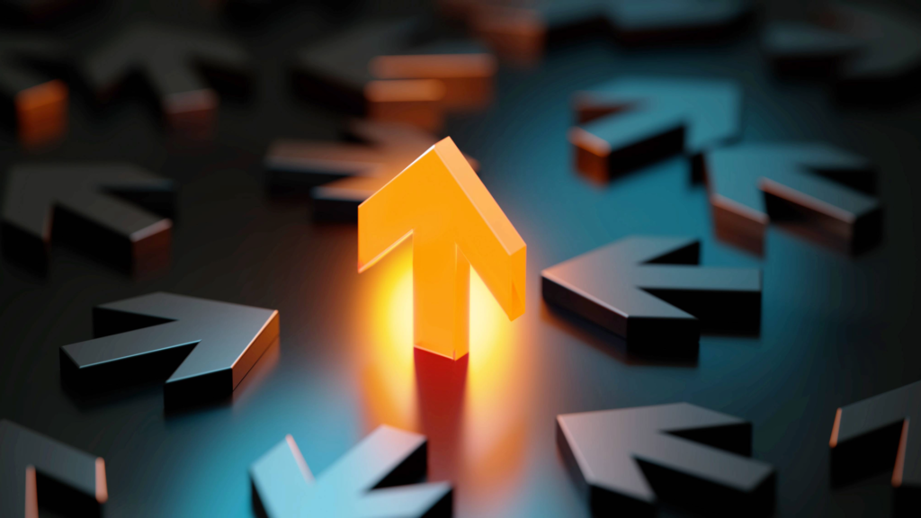 Bright orange upward arrow standing out among black arrows, representing market differentiation and growth strategy in competitive industries. 