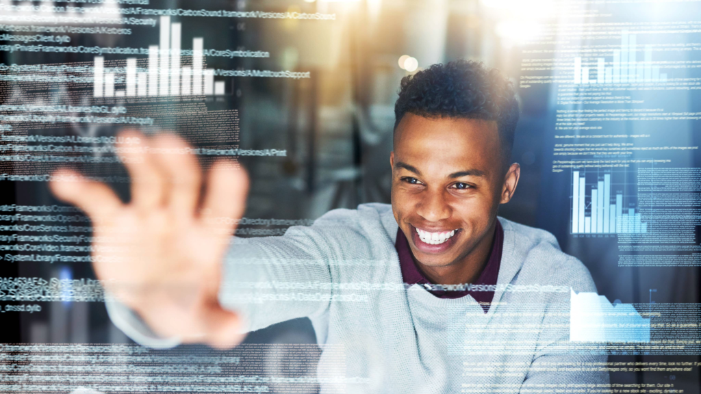 An excited sales person reaches towards the overlay of charts and data to illustrate the excitement sales teams can have when they are given the right sales tools to succeed