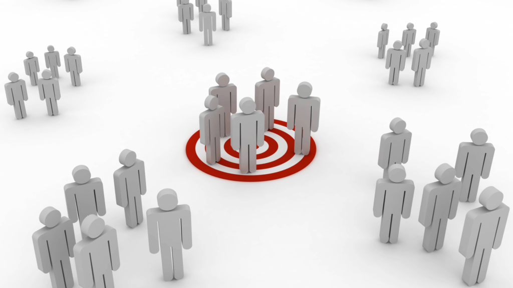 Groups of animated people stand together in a large area with some of the ideal customer profiles standing on a target that makes them stand out.