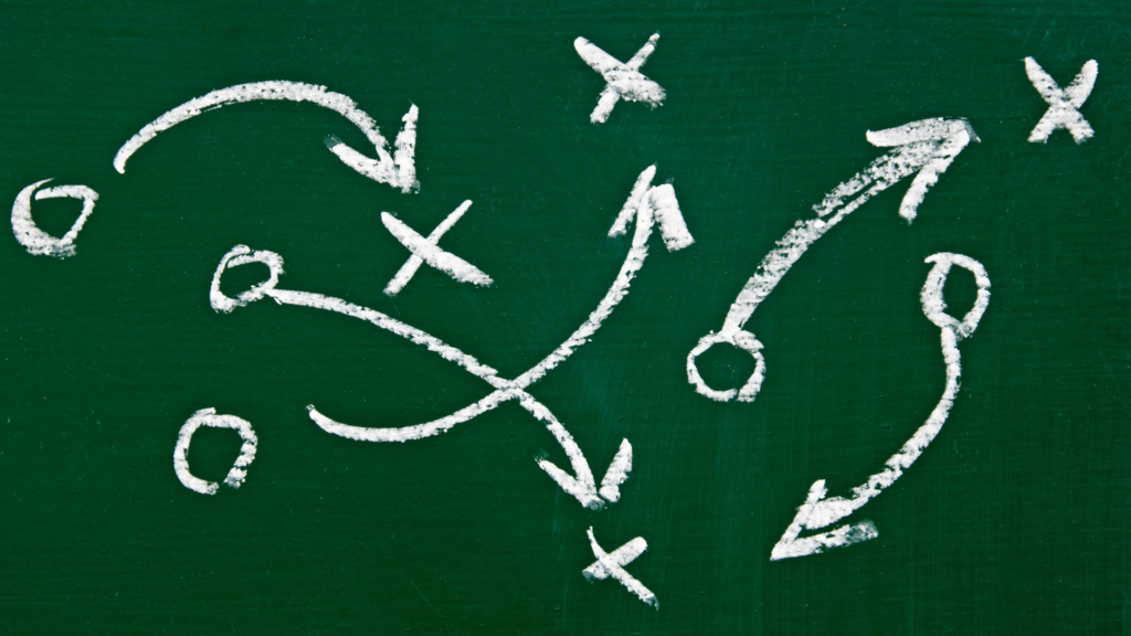 A chalkboard with a sports play drawn showing that you need to take action on the information you learn from customers to improve your competitive advantage.